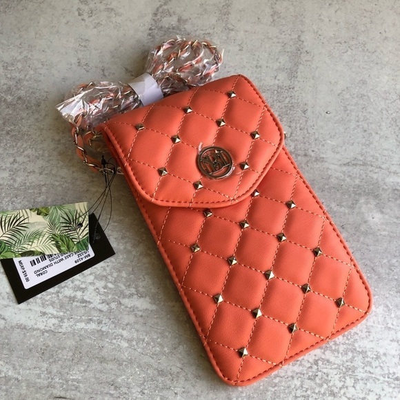 Badgley Mischka Phone Case Crossbody Diamond Pattern Quilting And Studs - Picture 12 of 12